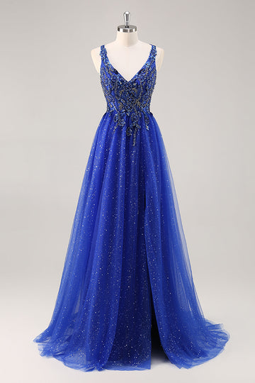 Glitter Royal Blue Beaded A Line Long Prom Dress with Slit